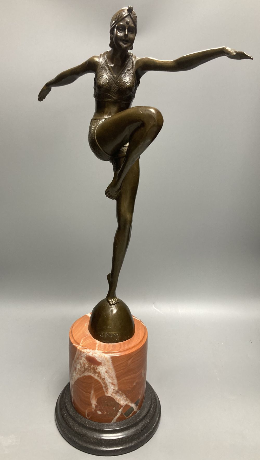 J Philipp. An Art Deco bronze female dancer, cylindrical marble plinth, 57cm